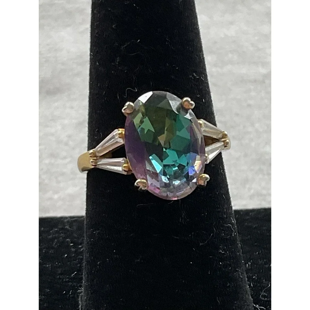925 Sterling Silver Gold Vermeil Mystic Topaz Ring Size 7.75 Vintage Estate